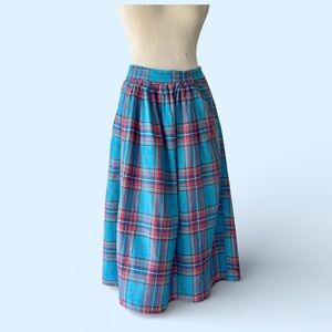 Vtg 80s Blue Madras Plaid Skirt Sz M Cotton Midi BB Fashion Picnic Prep